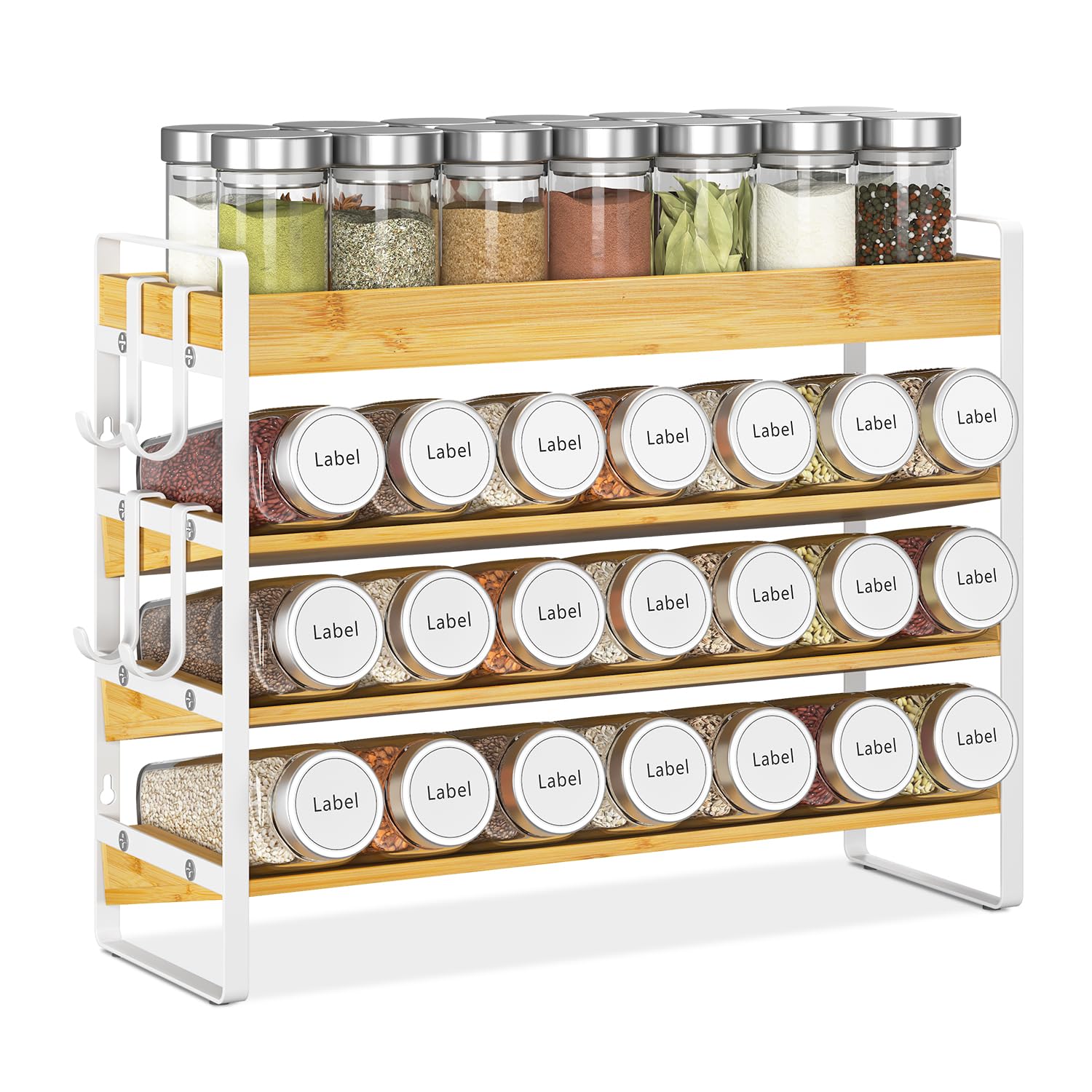 EsLuker.ly Étagère à épices pour comptoir de cuisine, étagère à épices en bambou à 4 niveaux avec 4 crochets, support mural autonome pour garde-manger, bambou + blanc (bocaux non inclus)