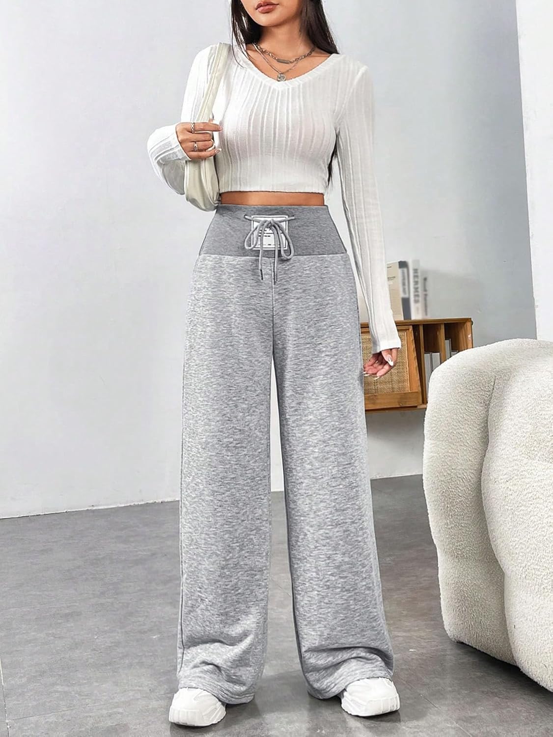 Women's High Waisted Sweatpants Drawstring Waist Athletic Pants Wide Leg Pants - Image 6