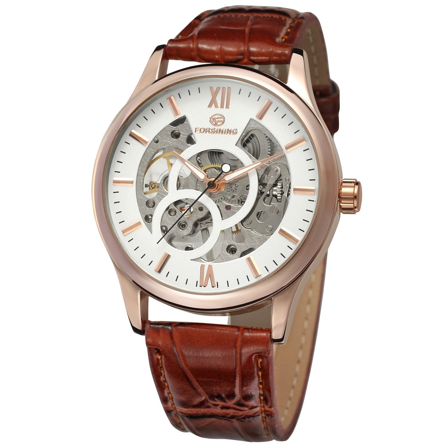 SOAO Men's Watch Hollow Skeleton Automatic Mechanical Watches with Leather Band Roman Numerals Wristwatch