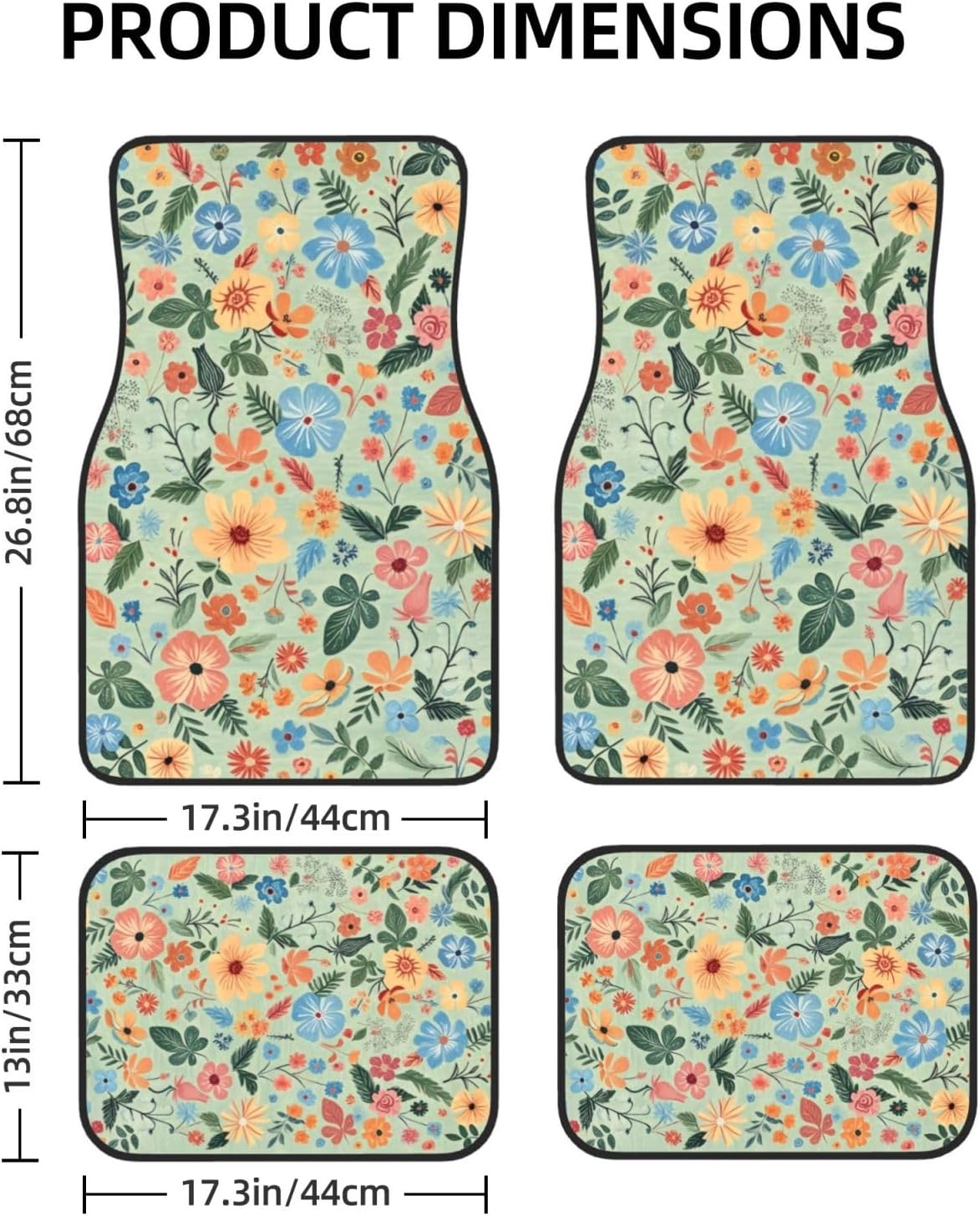 Artistic Fabric Car Floor Mats-Wildflower,Non-Slip Rubber Backing,Front (26.8x17.3in) & Rear (13x17.3in) Set - Water Absorbing, Durable Automotive Floor Liners with Stylish Patterns