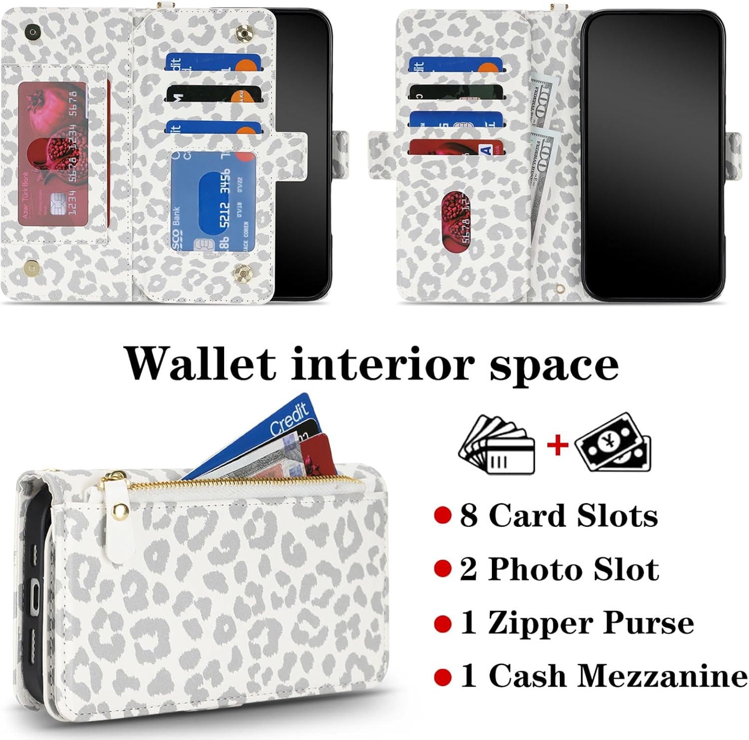 Jaorty for iPhone 13/14 Phone Case Wallet with Crossbody Strap, Shoulder Necklace Lanyard,flip Cover PU Leather, for Women Men, Zipper Pocket, Kickstand, Card Holder, 6.1" White Leopard - Image 3