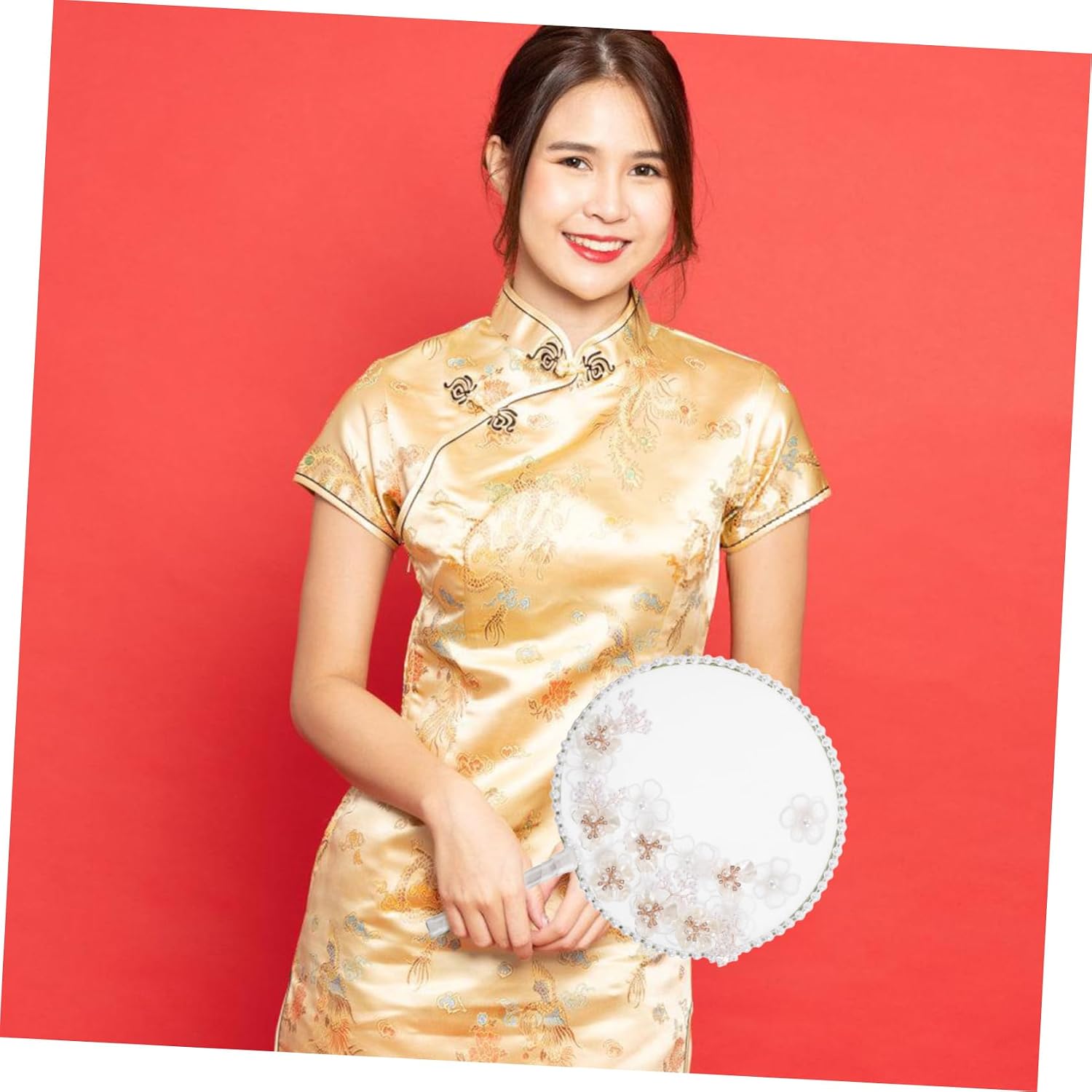 Alipis Classical Chinese Round Fan Handheld Design Summer Floral Decoration Elegant Tassel Embroidered Fan for Party
