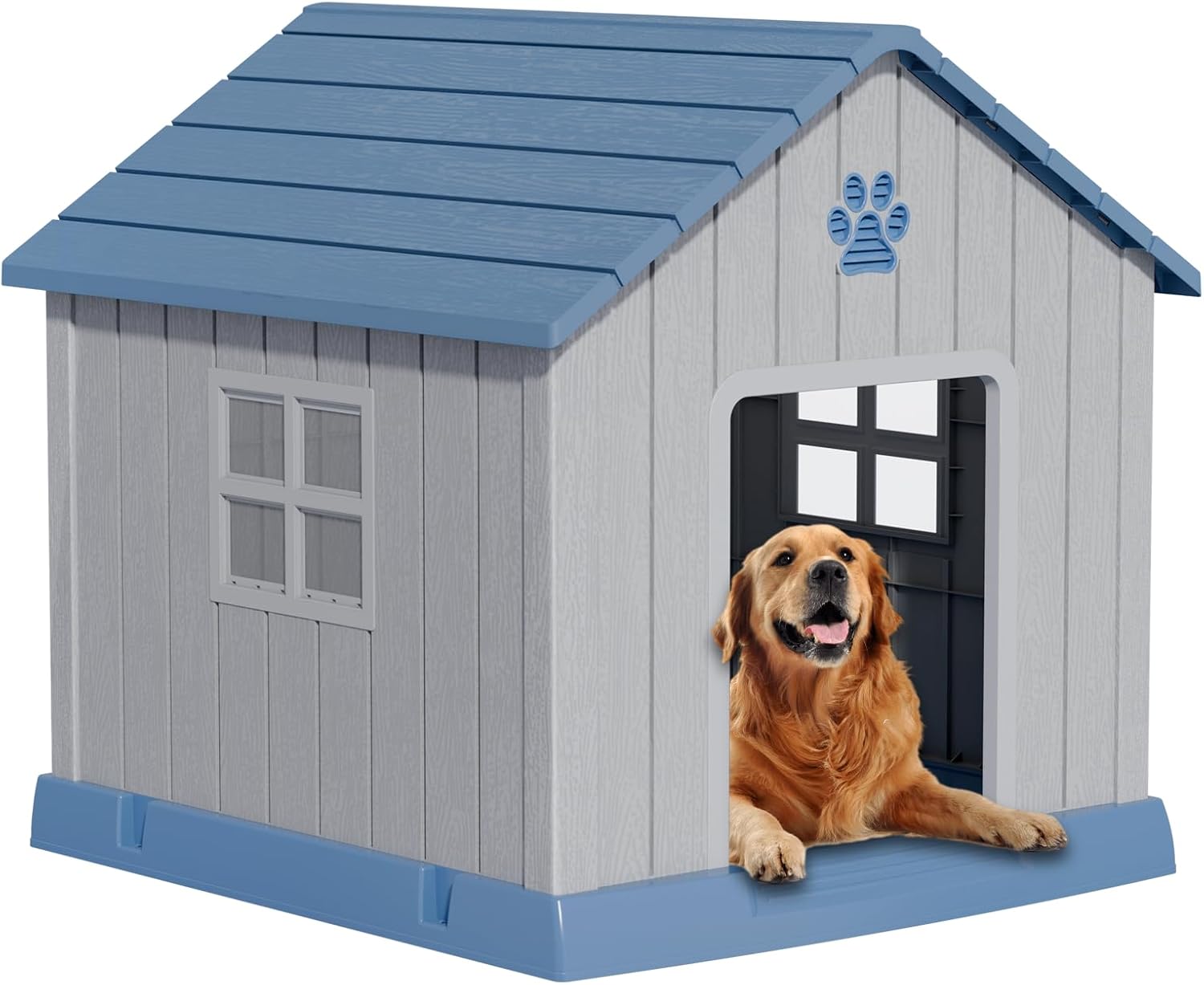 Dog House Indoor Outdoor for Small to Large Sized Dogs Resin Outdoor Dog House with Ventilation Puppy Shelter with Elevated Floor, Easy to Assemble, Blue