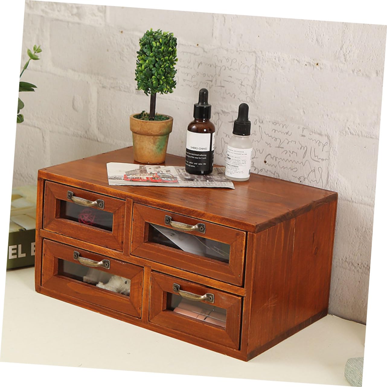 TOPBATHY Organizador de Encimera de Madera de Doble Capa con Cajones de Almacenamiento, 4 Cajones y 4 Compartimentos para Oficina