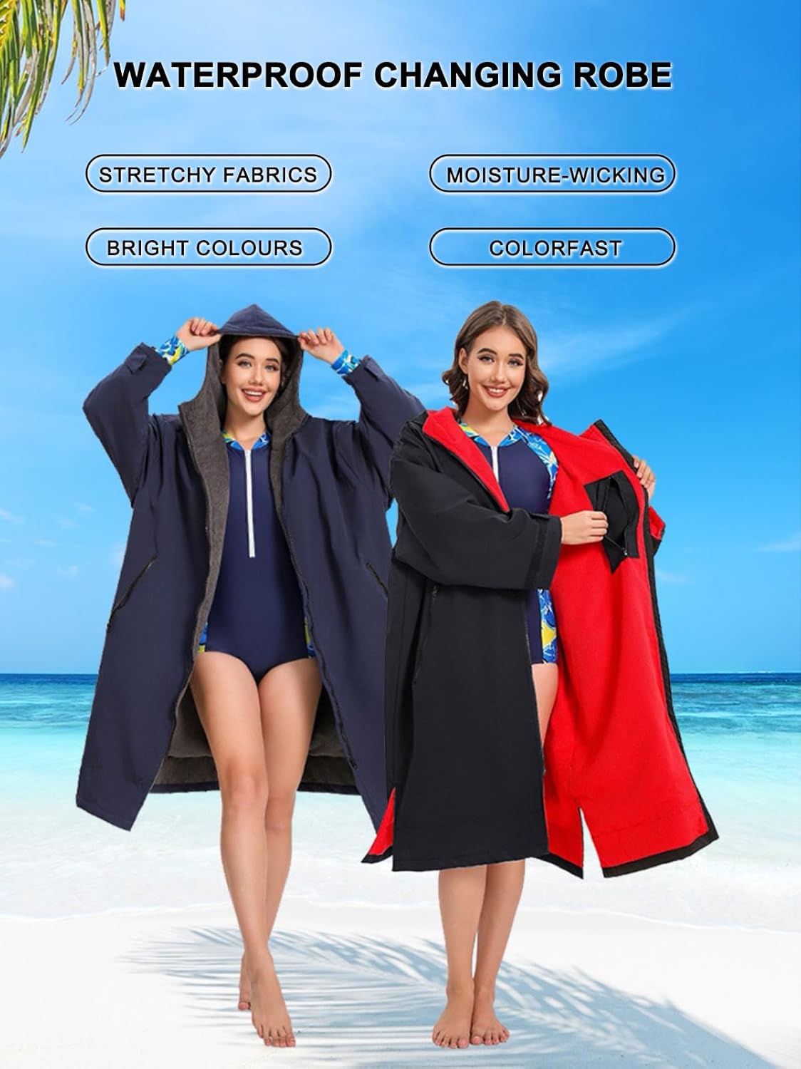 DEHAI Swim Jacket Parka for Women Men Youth Waterproof Surf Poncho Robe Oversized Lightweight Towel Lined Warm Swimming Coat