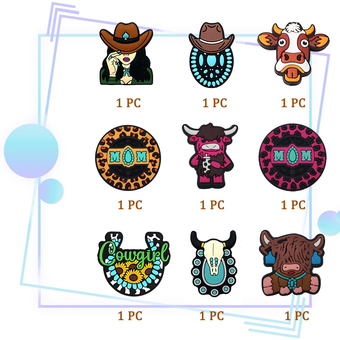 AirSun 9pcs Cowboy & Cow Silicone Beads, Animal Shaped Silicone Focal Beads for Keychain Pens Lanyard DIY Supplies Cute Beads for Handicraft Work