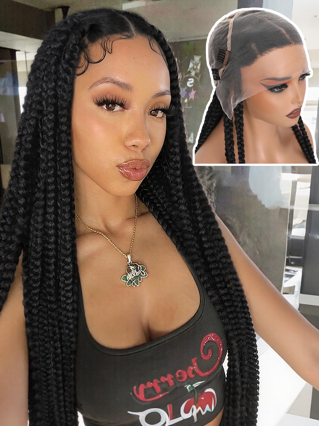 Photo 1 of FAVE Jumbo Braided Wig for Black Women, 100% Handmade Full Lace Wig with Baby Hair Glueless Box Braids wig Heat Resistant Synthetic Pre-Plucked Braided Wig Wear and Go 32 Inch