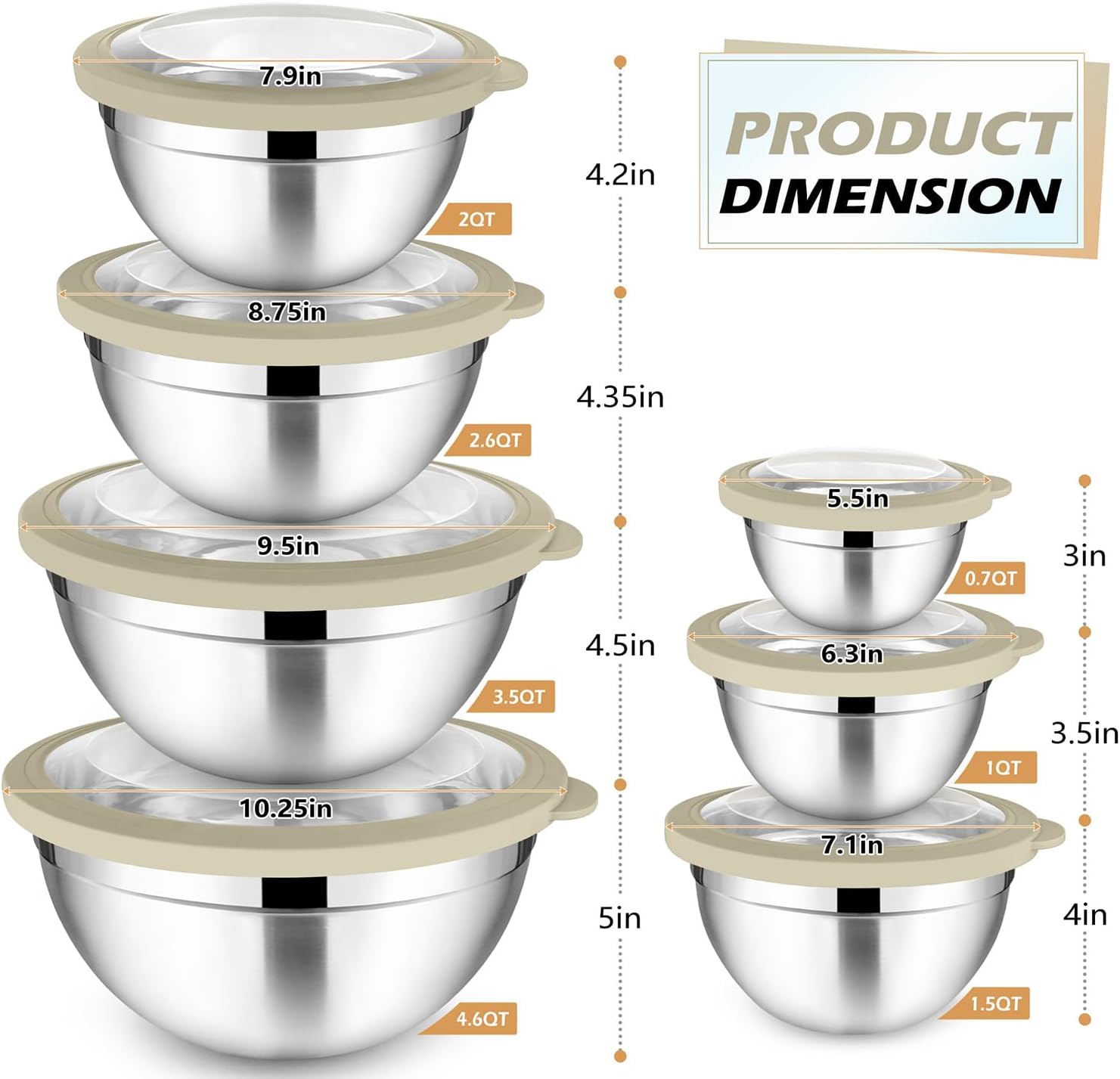 Walchoice Mixing Bowls Sets of 7, Stainless Steel Nesting Mixing Bowl Sets for Kitchen, 7 Size 4.6, 3.5, 2.6, 2, 1.5, 1, 0.7 QT, Include Transparent & Airtight Lids, Dishwasher & Freezer Safe - Khaki