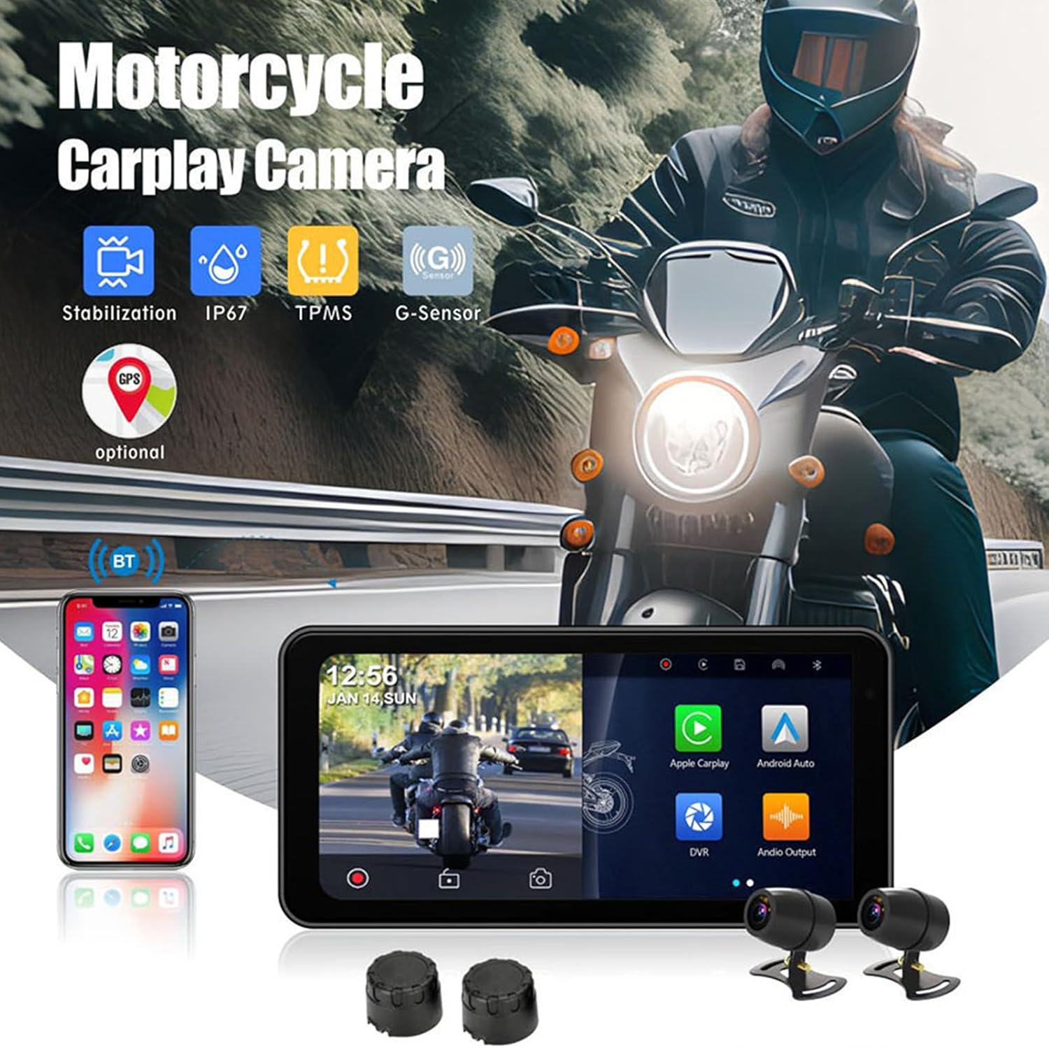 Wireless Motorcycle CarPlay Screen GPS Navigation System with Apple Carplay Android Auto 6.25" Plug and Play Portable Screen Waterproof GPS for Motorcycle, Dual 4K Dash Cam Bluetooth Audio BSD & TPMS