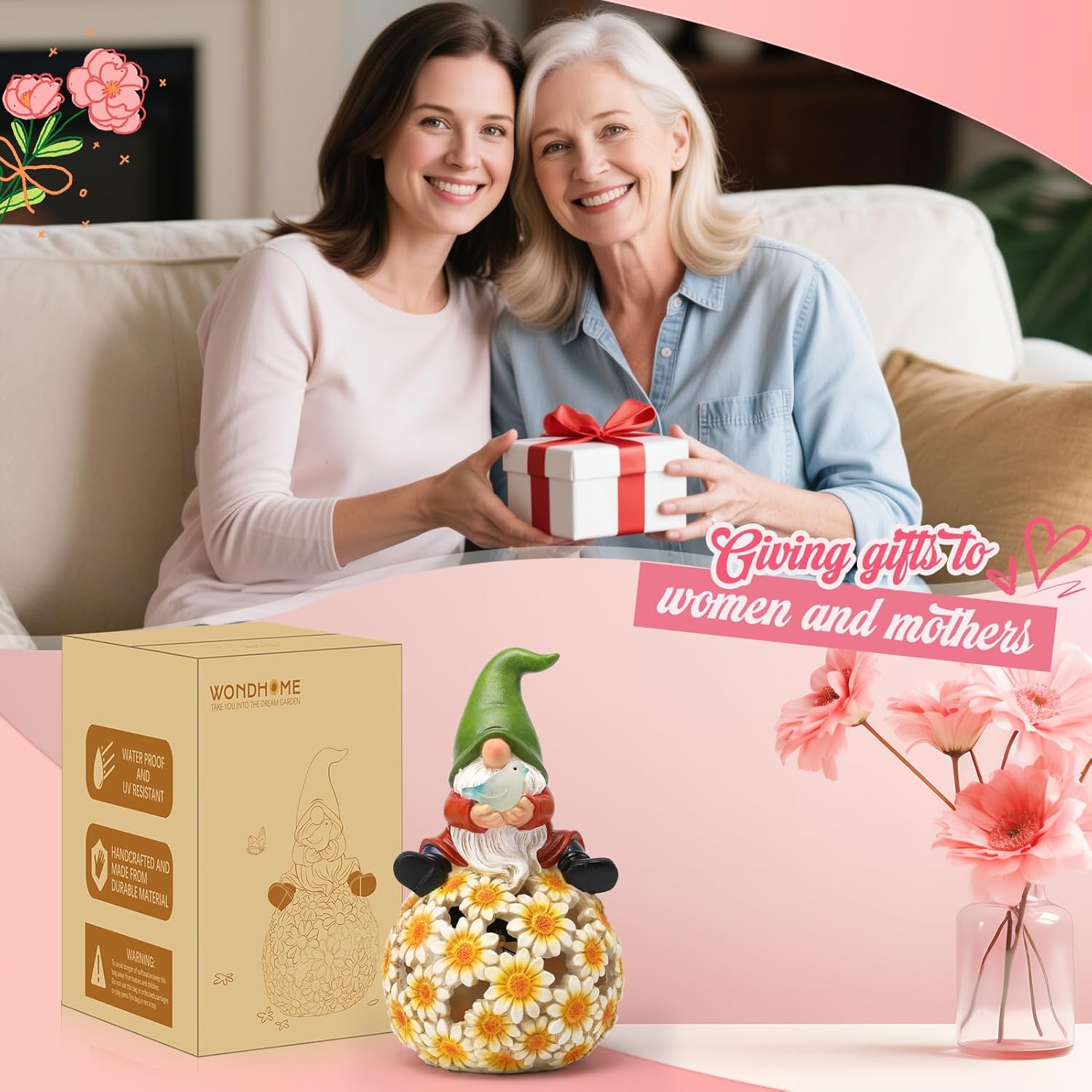 Solar Garden Gnome Statue Gnomes Statue with LED Lights Winter Ornaments Outdoor Yard Art Decorations for Home Patio Porch Lawn - Christmas Birthday Gifts for Mom Women - Image 5