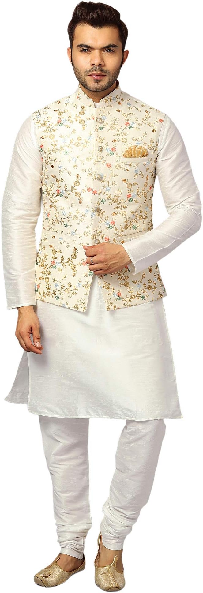 EthluxisMen's Silk Blend Kurta Jacket Set, White/Emb_9, 38