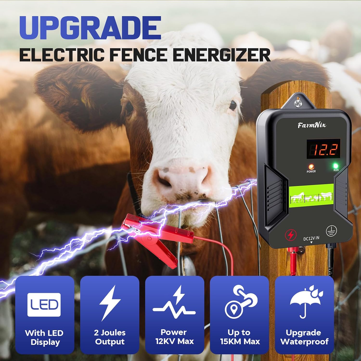 12KV Electric Fence Charger with LED Indicator, 2 Joules Pulse Energy, 10 Miles Range, Prevents Wild Animals Intrusion for Livestock Poultry, Farm Animals, Pets, Ranches, Gardens
