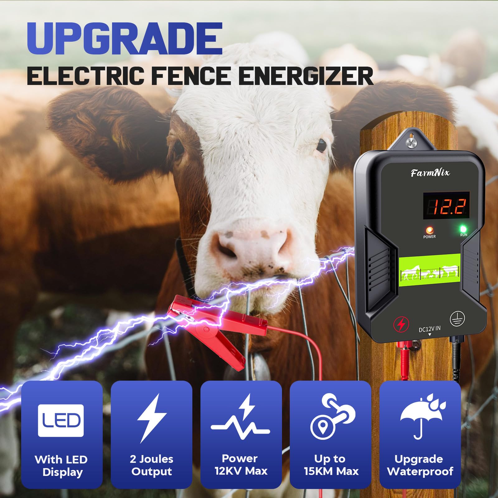 15KM Elektryczne ogrodzenie dla zwierząt gospodarskich, elektryczny elektryczny płot elektryczny, wysoka moc 12 V/2,0 J, ochrona koni owiec, drobiu, gospodarstwa, ogrodu pastwisk (czarny szary)