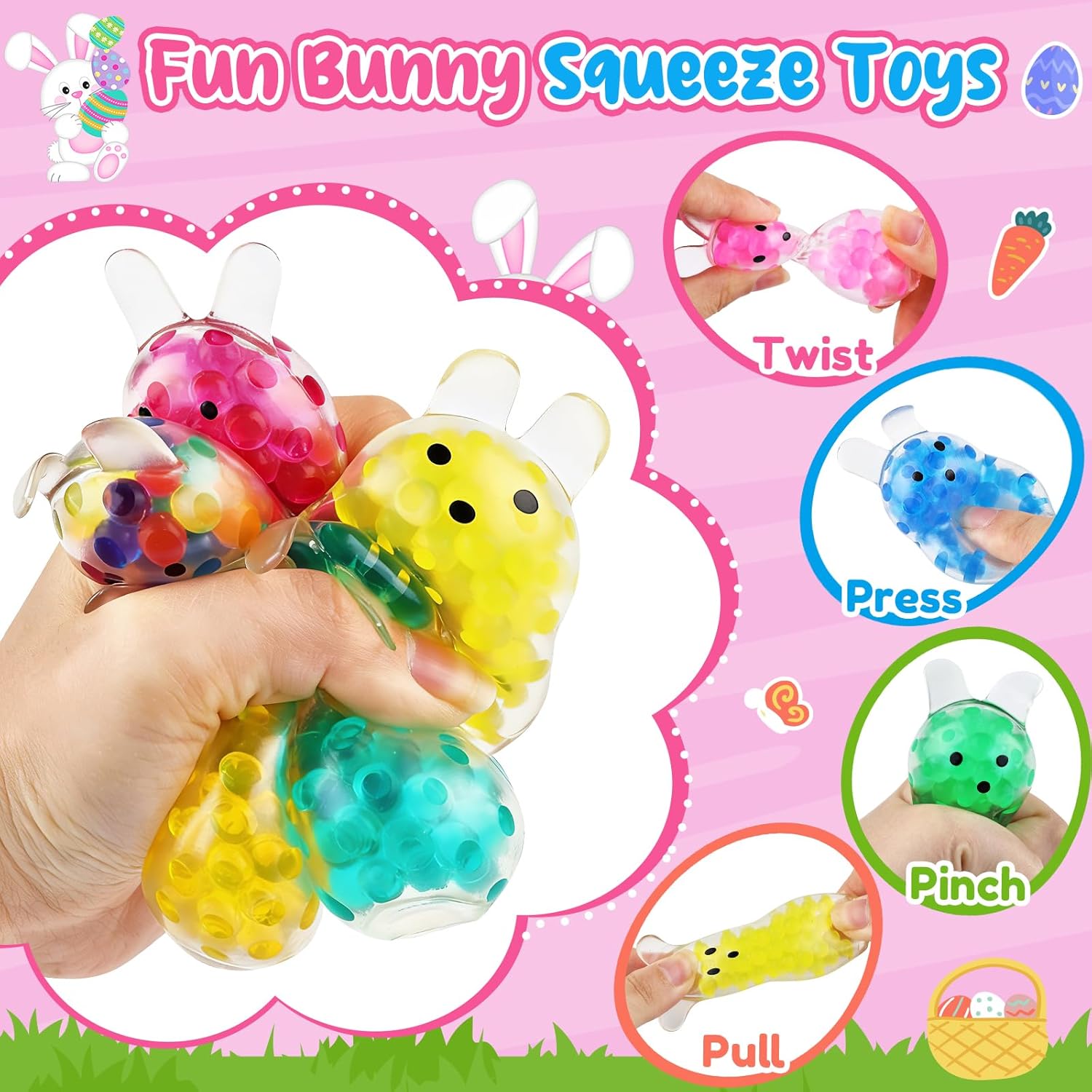 Easter Squishies Bunny Stress Balls for Kids Adults, Easter Egg Stuffers, Easter Egg Fillers for Kids Adults, Bunny Squishy Toys