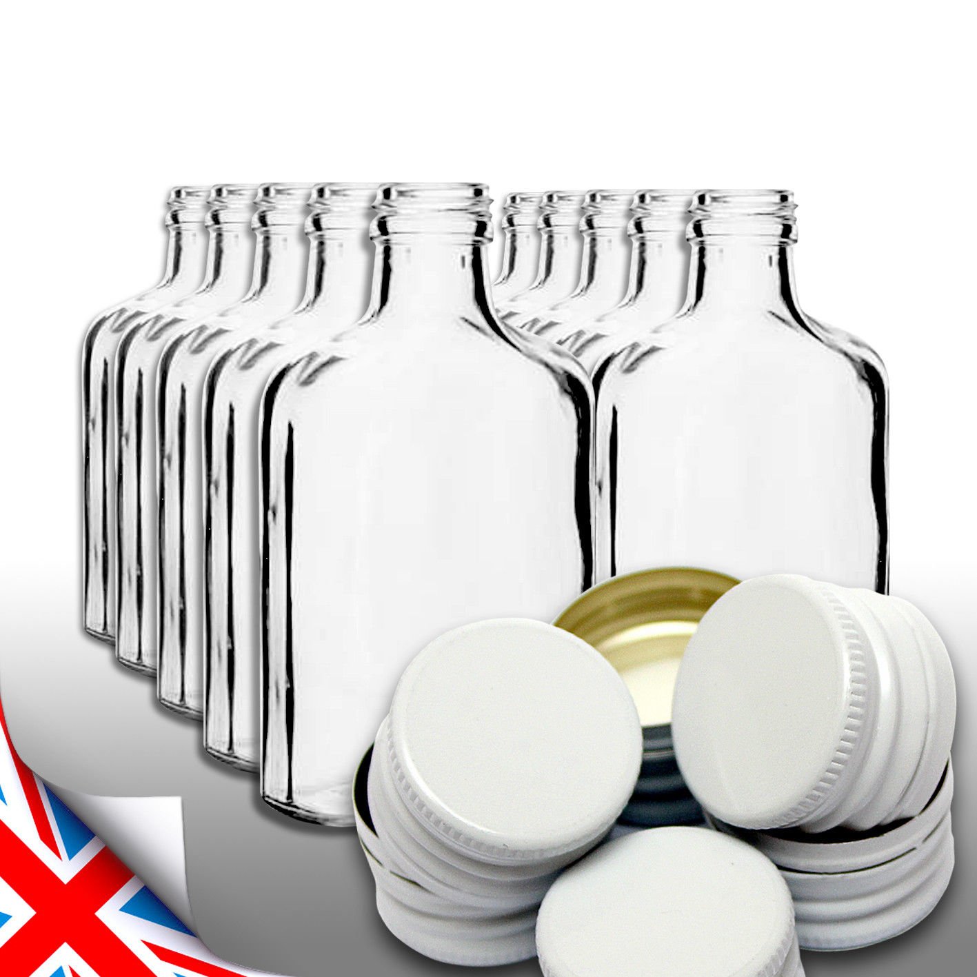 Brand 10 Pocket Flask Bottles 200ml for Wine, Whisky or Spirits with White Screw caps