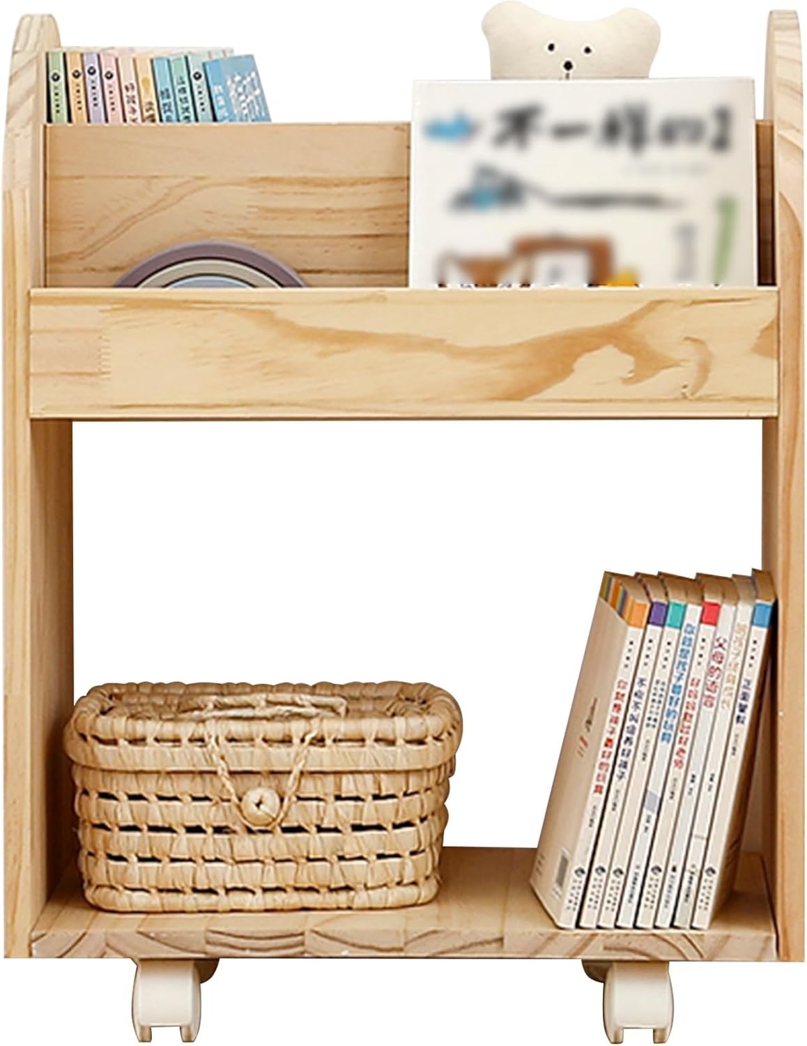 2 Tier Rolling Book Cart, Solid Wood Library Cart with Wheels, Book Rack Storage Bookshelf for Home Shelves Office Classroom(B)