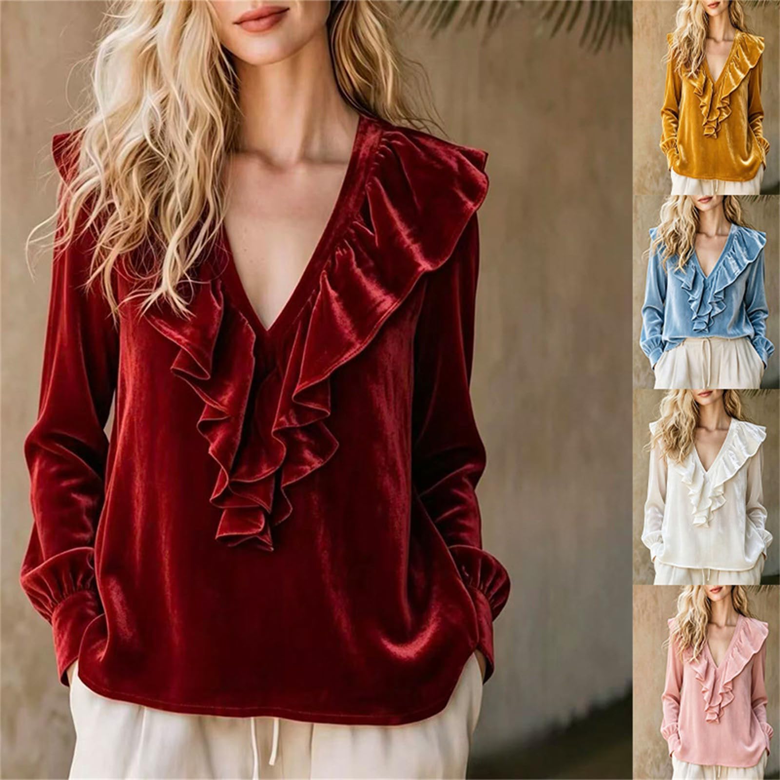 Top Mujer Terciopelo Cuello V Volantes Manga Larga Corte Holgado Casual Elegante Otoño