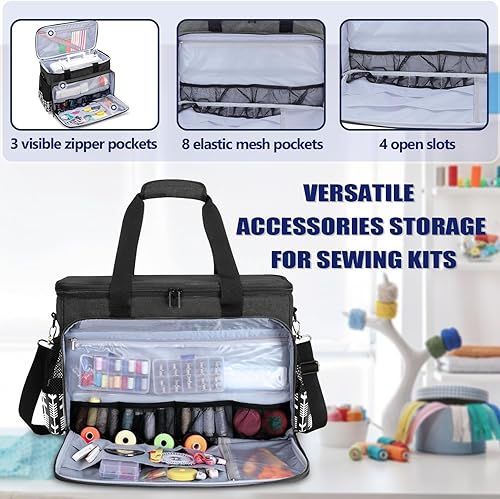 Miniatura 67 de Yarwo Funda de transporte mejorada para máquina de coser con ruedas, bolsa de mano desmontable con tabla inferior extraíble y pata de remolque