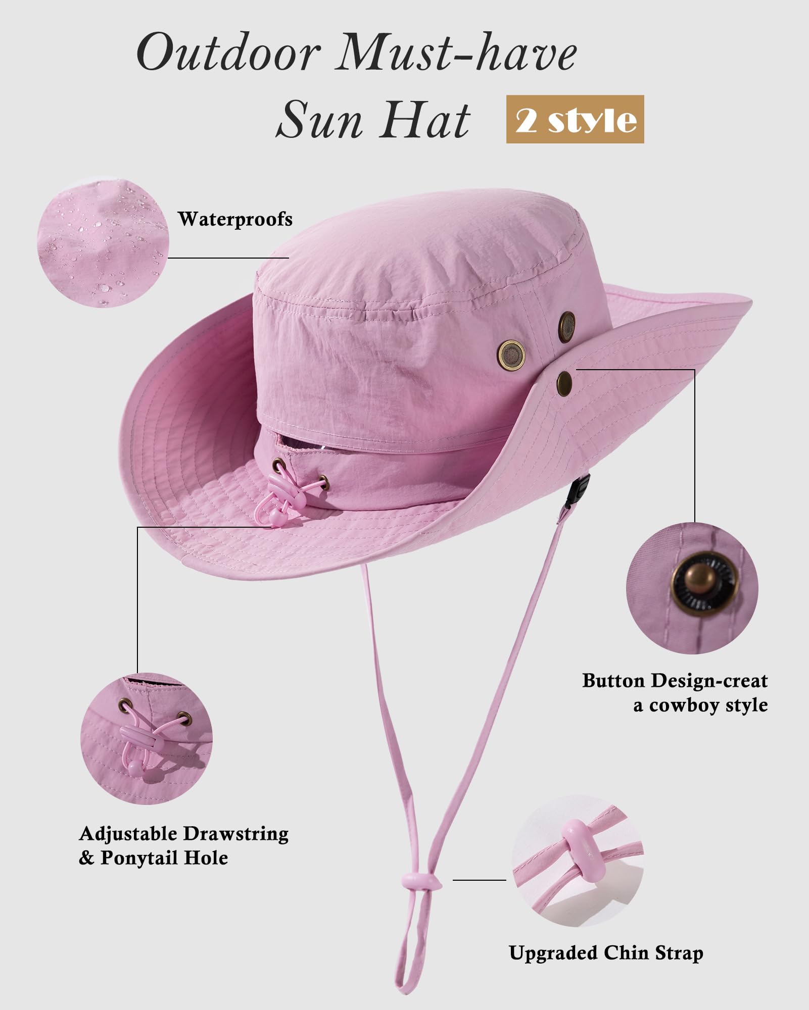 TOP-EX Sombrero de sol UPF 50 para mujer, ala ancha, protección UV, impermeable, sombrero de safari, plegable, para caminar, pescar, con agujero para cola de caballo