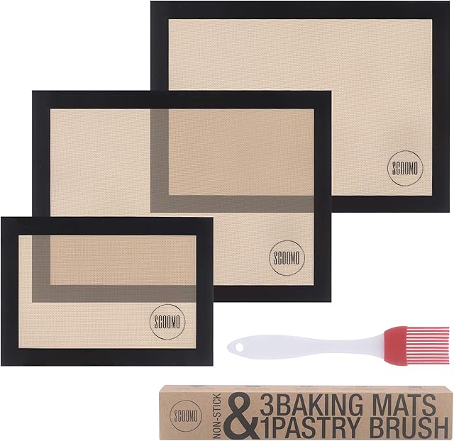 Scoomo Silicone Baking Mat Set of 3 Black | NonStick Washable Reusable Liner Sheets For Amazing Cooking Results Without Oil or Parchment in Oven Tray/Grill + FREE 17cm Pastry Brush | Pro Bakeware