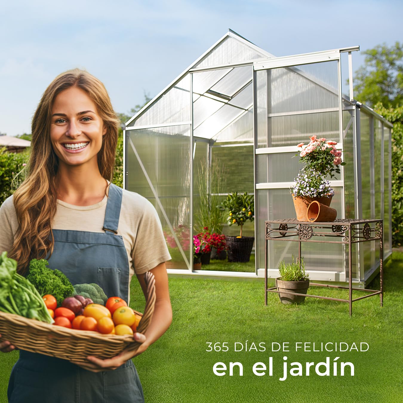 tectake Invernadero de Jardín de Aluminio y Policarbonato, Caseta Jardín Exterior 190x185x195, Vivero Huerto Casero 5,85m³, Invernadero Terraza para Cultivo de Plantas