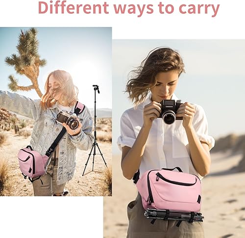 Miniatura 6 de Bolsa bandolera para cámara, funda impermeable para cámara con soporte para trípode, DSLRSLRSLRsin espejo, bolsa cruzada para fotógrafos, color rosa
