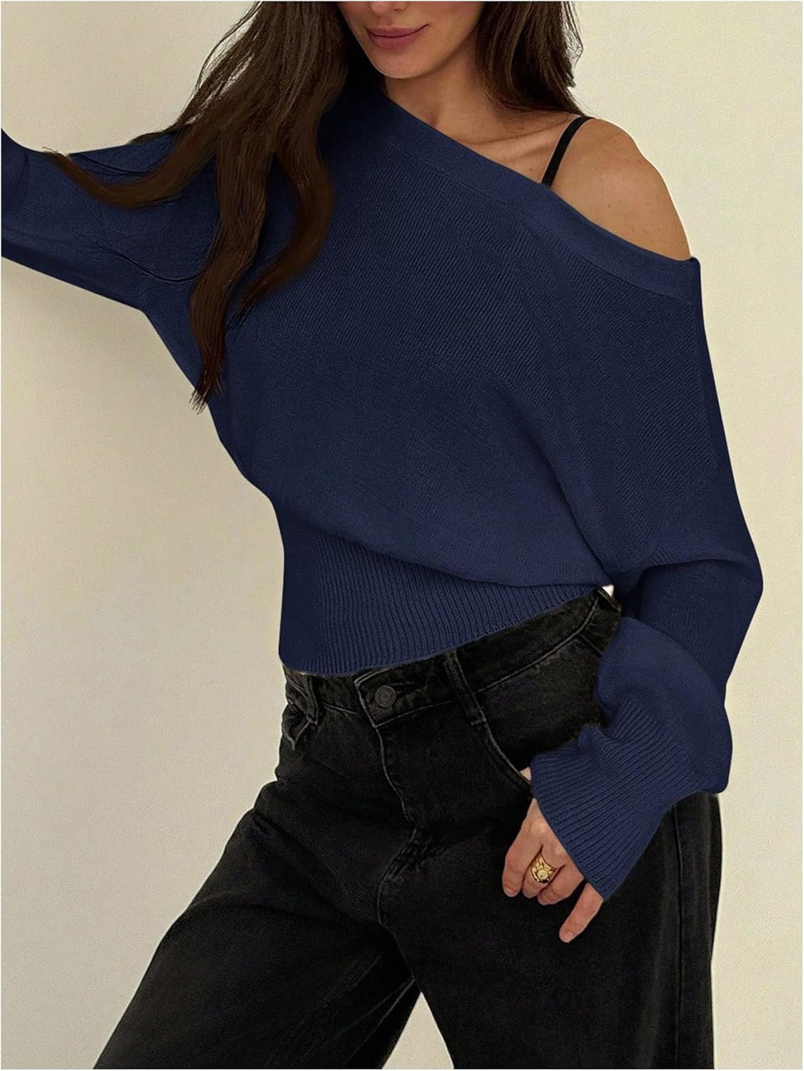 Women's Off The Shoulder Sweater Long Sleeve Knit Pullover Cinched Waist Tops Trendy Fall Outfits - Image 3