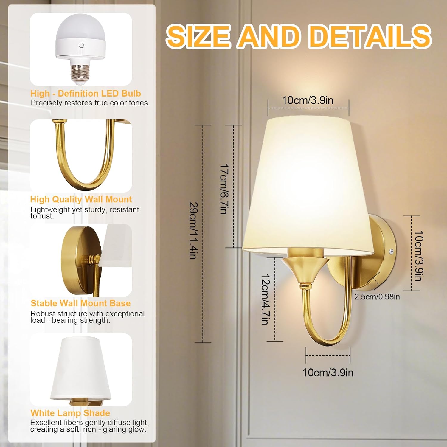 Battery Operated Wall Sconces Set of 2, Wireless Dimmable LED Wall Lights with 5800mAh Rechargeable 15 Colors Bulb and Remote, Gold Wall Lamp for Bedroom Living Room Hallway Staircase
