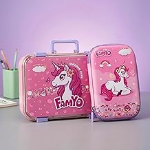 Famyo June Unicorn School Essentials Kit for Kids | Bento Lunch Box + Pencil Pouch Combo | Leakproof 3-Compartment Tiffin Box & Hard Shell Pencil Case