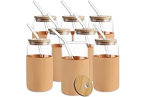 Glass Cups with Bamboo Lids and Straws 8pcs Set