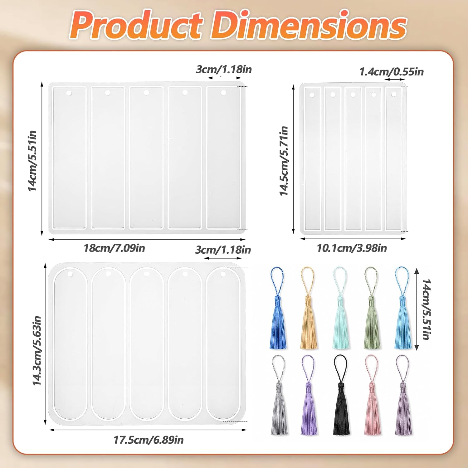 3PCS Resin Bookmark Mold Silicone, 15-Cavity Set with 20 Tassels Silicone Molds for Epoxy Resin Crafting