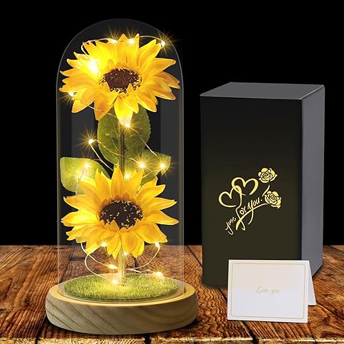 Mothers Day Flowers Gifts for Women - Sunflowers Gift for Mom Wife, Eternal Flower with in Glass Dome, Unique Gift Present for Mother Grandmother for Wedding, Birthday, Anniversary, Yellow - Yellow