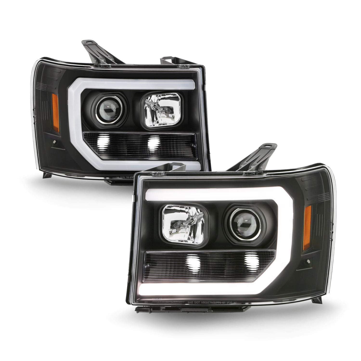 AKKON - Fits 2007-2013 GMC Sierra 1500 2500HD 3500HD LED [C-Tube] Projector Headlights [Black Edition] Pair Driver + Passenger