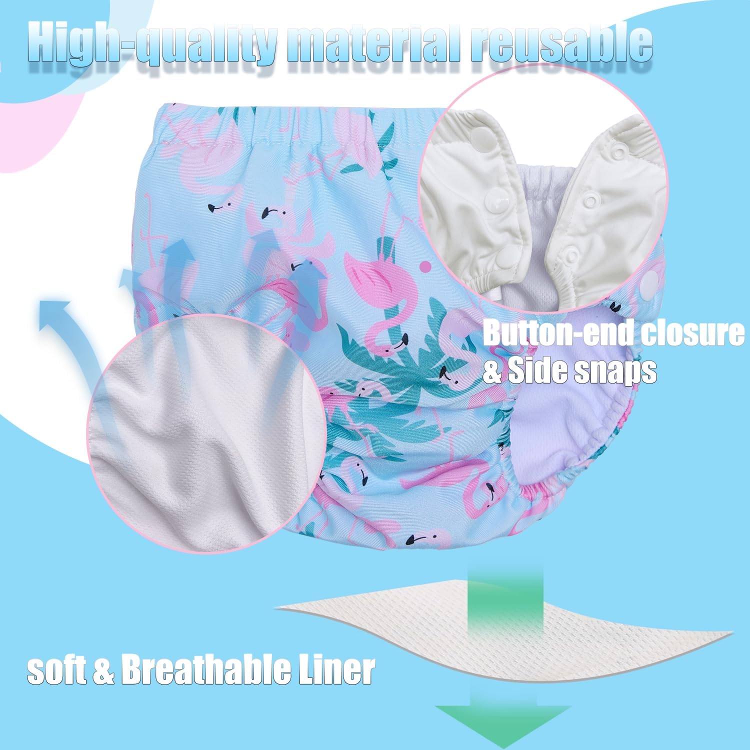 2 Pack Baby Newborn Reusable Swim Diapers Infant Unisex Washable Swim Diaper Toddler Swimming Diapers Pink Strawberry& Flamingo, 6-18 Months