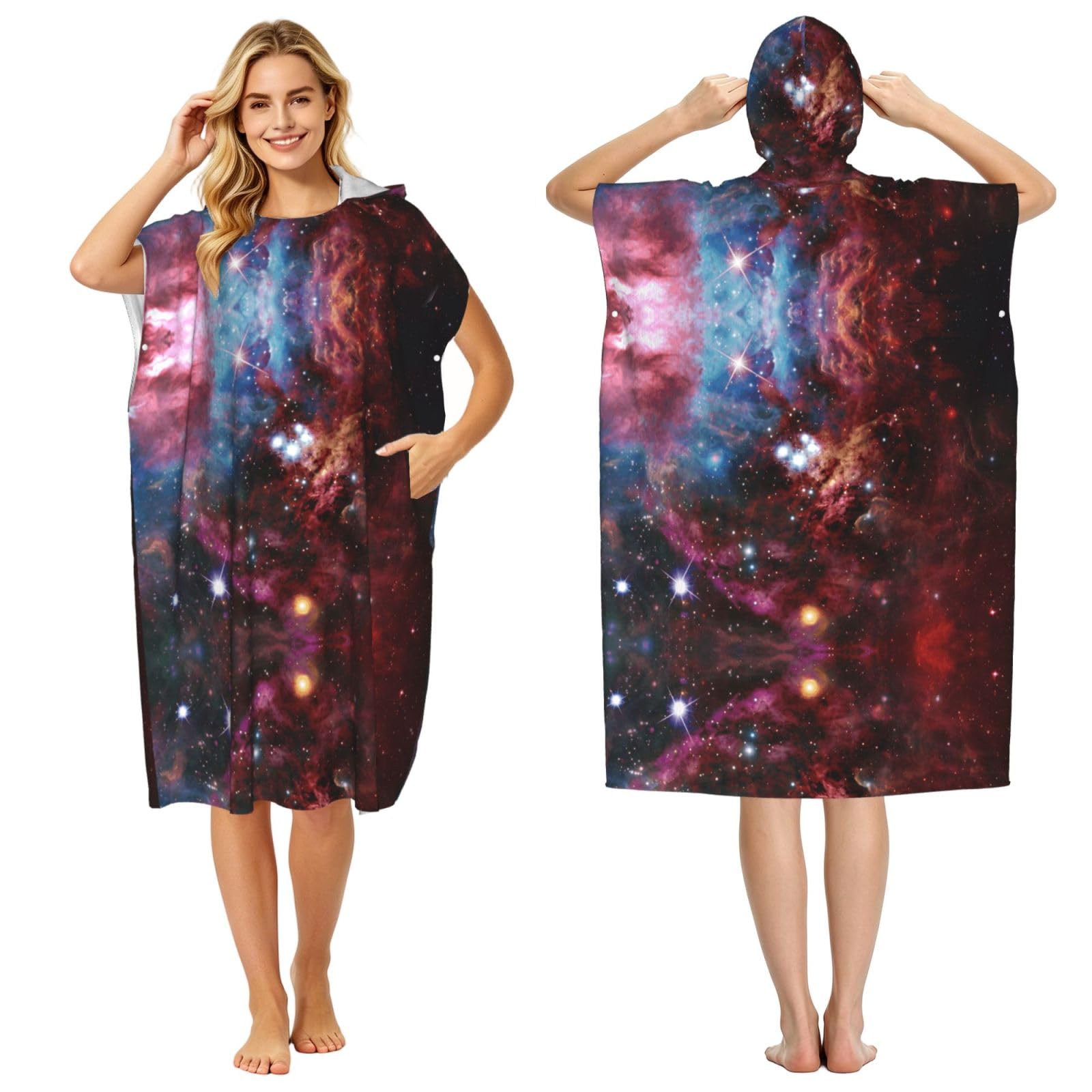 EZDLOWVBA Space With Cluster Print Hooded Poncho Microfiber Beach Towel,Adult Women & Men Changing Robe,Lightweight Summer Surf Swim Bath Poncho Towel