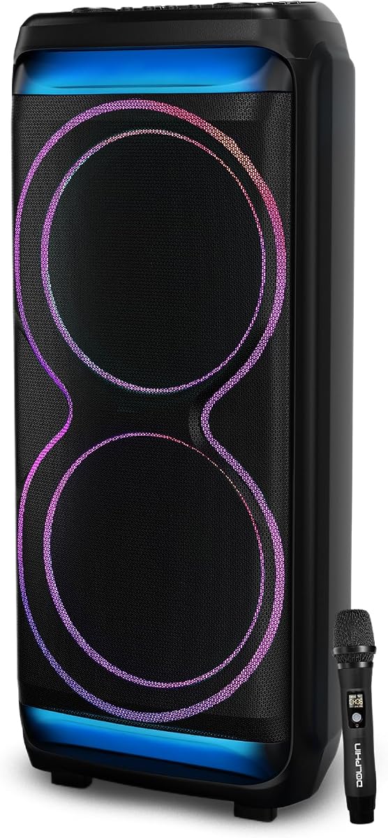 Dolphin Bluetooth Party Speaker with UHF Wireless Microphone, Dual 15" | 100W RMS, X-BASS, WaveSync TWS, LED Lights, USB, TF/SD, AUX, FM, Rechargeable 12V Battery, Trolley Design