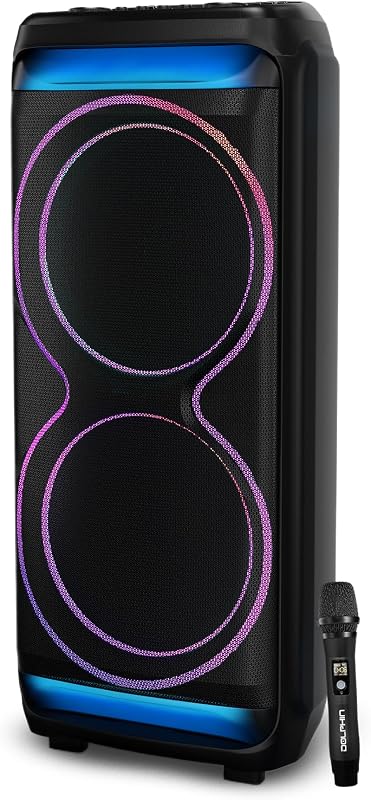 Dolphin Bluetooth Party Speaker with UHF Wireless Microphone, Dual 15" | 100W RMS, X-BASS, WaveSync TWS, LED Lights, USB, TF/SD, AUX, FM, Rechargeable 12V Battery, Trolley Design