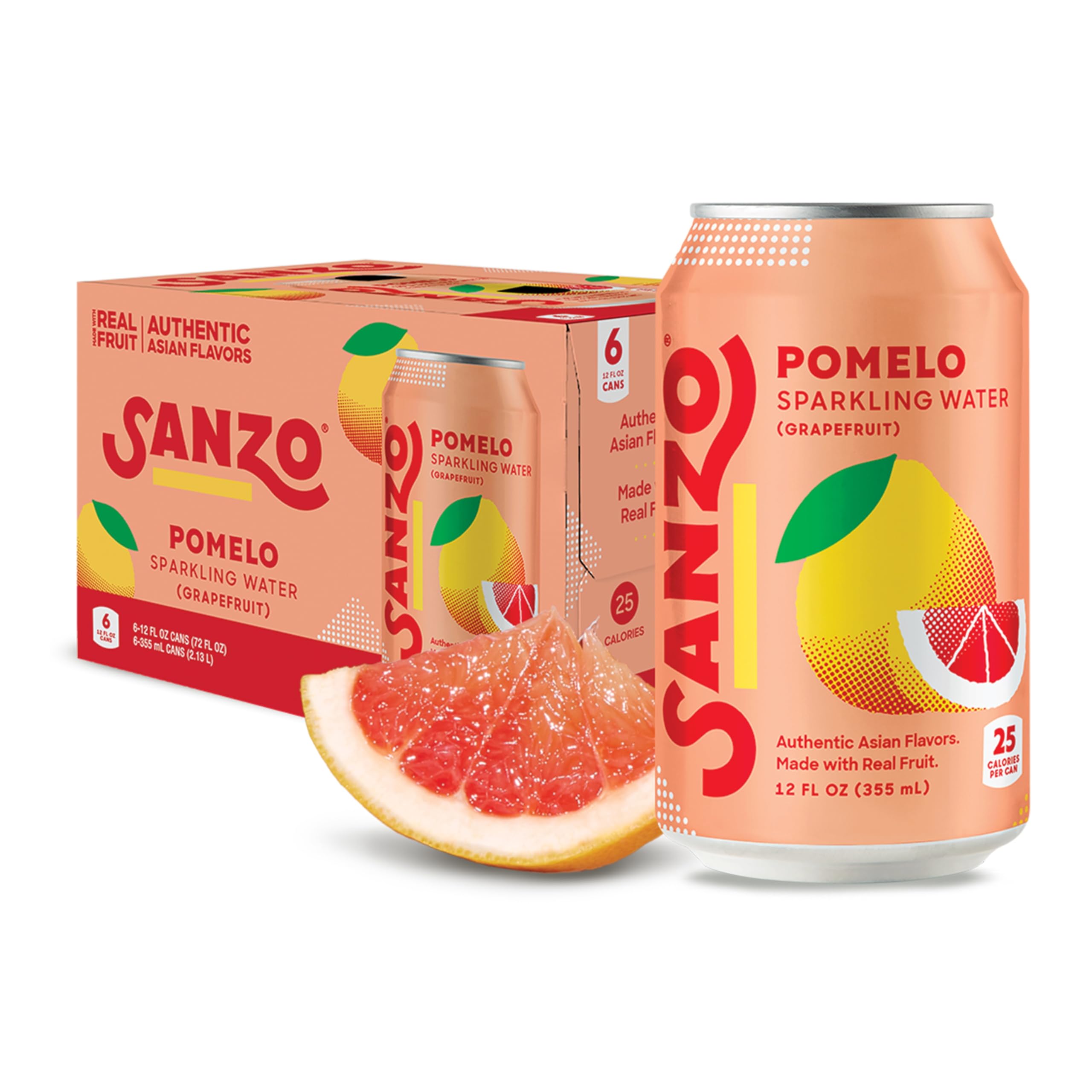 Sanzo Flavored Sparkling Water - Pomelo Grapefruit Seltzer - Low Calorie Low Sugar - Craft Asian Drinks - Vegan Gluten Free Carbonated Flavored Water - Fizzy Bubbly Healthy Drinks - 12oz, 6 Pack