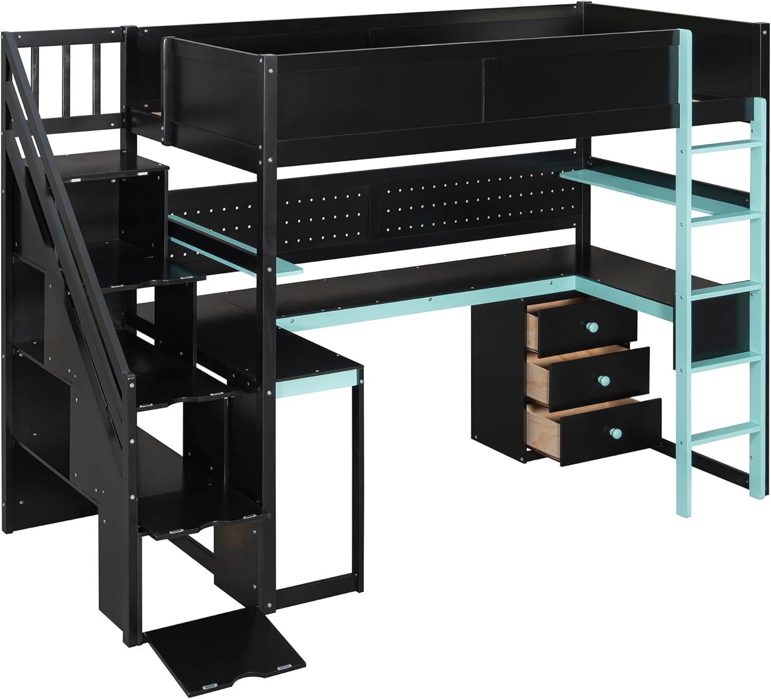 LZ LEISURE ZONE Twin Size Gaming Bed, Wooden Loft Bed with Desk, Storage Stairs, Shelves & Pegboard, Black+Blue