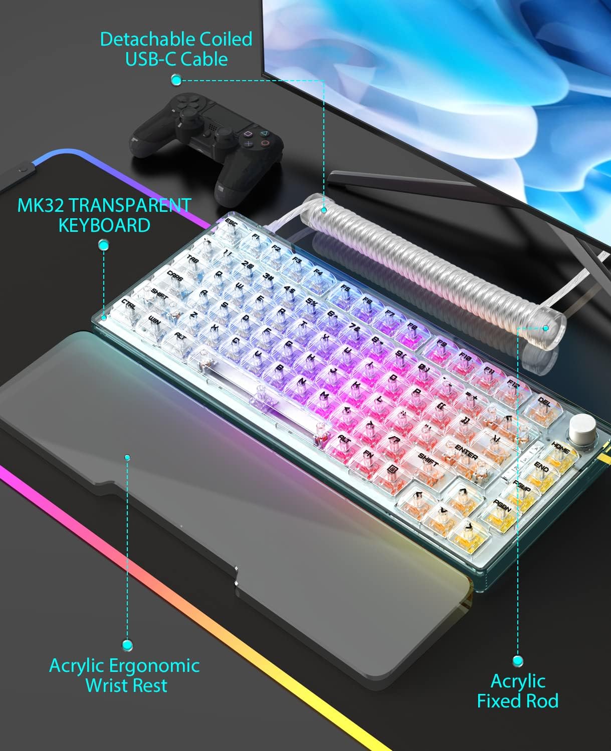 Close-up of transparent keycaps on the MK32 keyboard