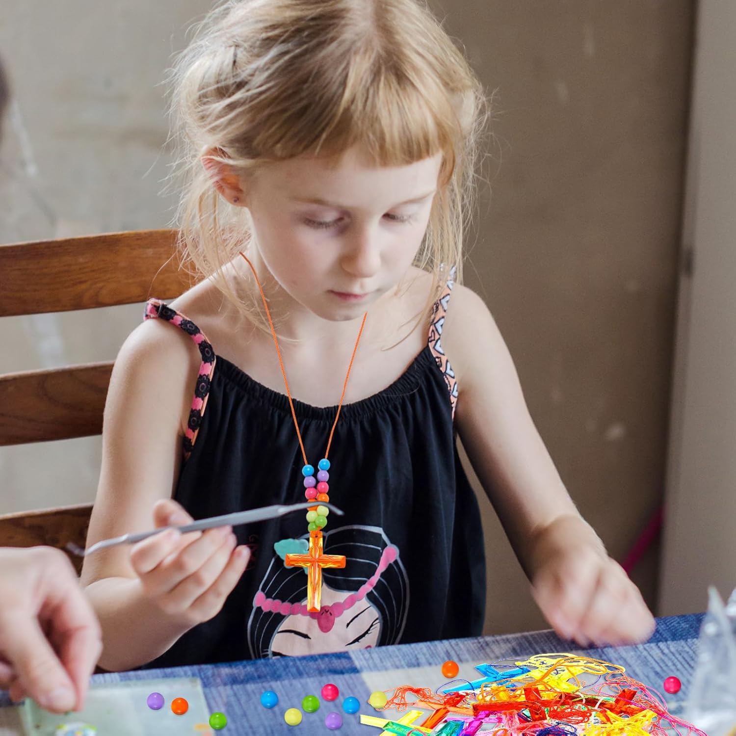 Equsion 624 Pcs Crystal Cross Necklace Plastic DIY Easter Christian Religious Party Favors for Kids Include 48 Pcs Crystal Cross Necklace with 576 Colorful Bead for Christian Easter Bible Prize Favor