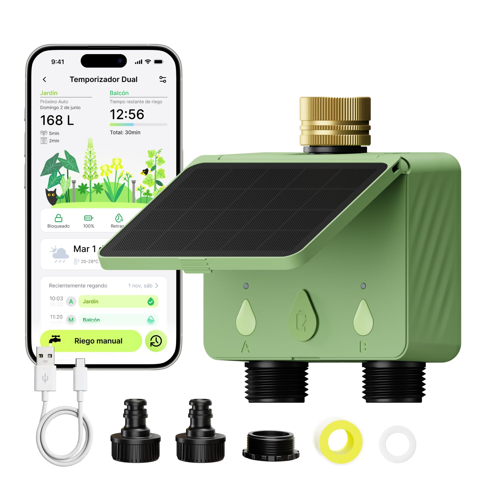 Programador Riego WiFi 2 Vías Solar, Programador de Riego Conectado con Caudalímetro, Sin Hub, Entrada de Agua de Latón, Riego Automático para Jardín (App/Alexa)