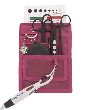 4 Pockets Nurse Organizer Pouch w/Tactical Black Tools - Medical Instrument Organizer with Lister Scissors, LED Penlight, Eye Chart, Chart Pen + More - ASA Techmed Dark Pink