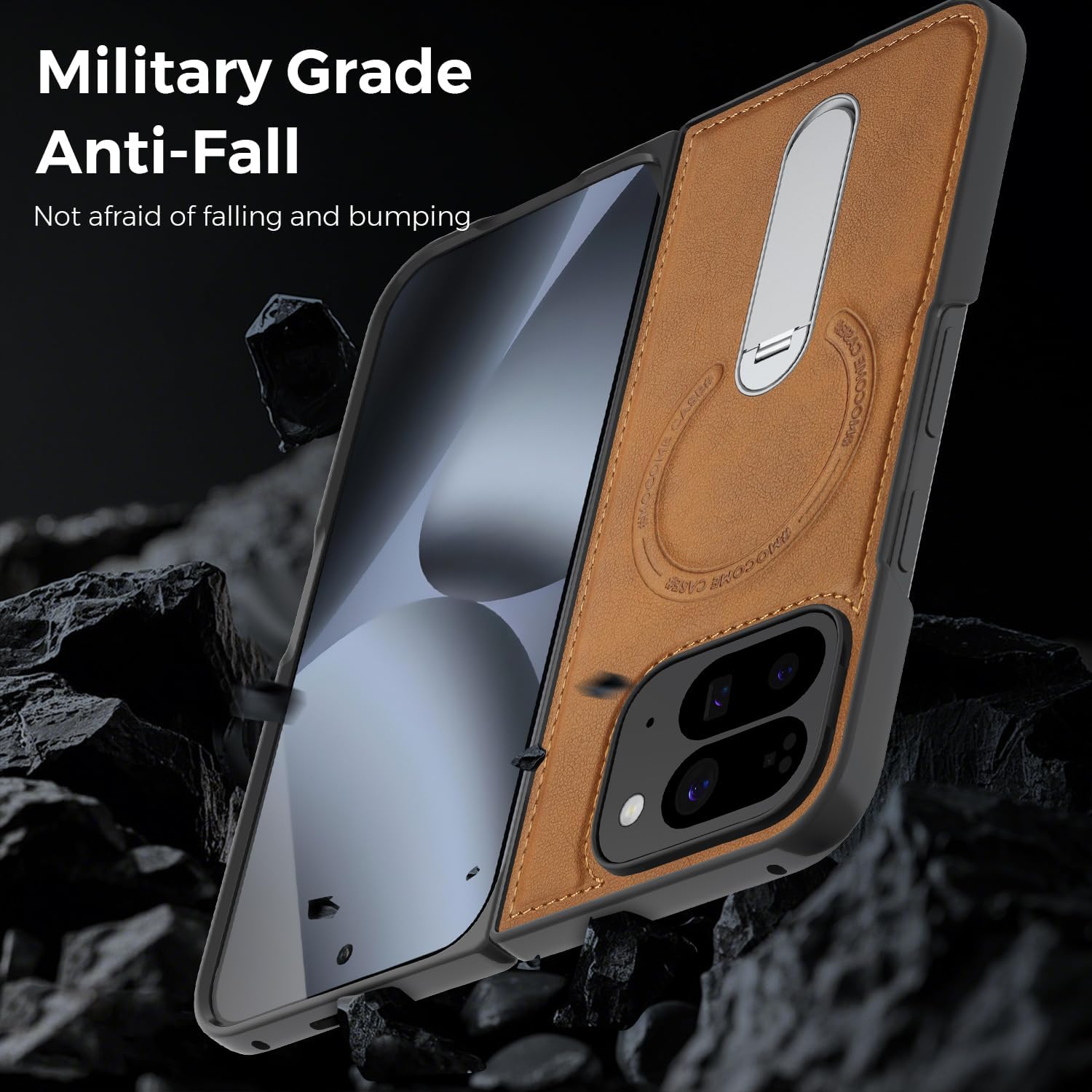 Magnetic for Google Pixel 9 Pro Fold Case with Invisible Metal Stand, [Compatible with Magsafe] Slim Luxury Leather Anti Slip Mil-Grade Drop Shockproof Case (Brown, Google Pixel 9 Pro Fold)