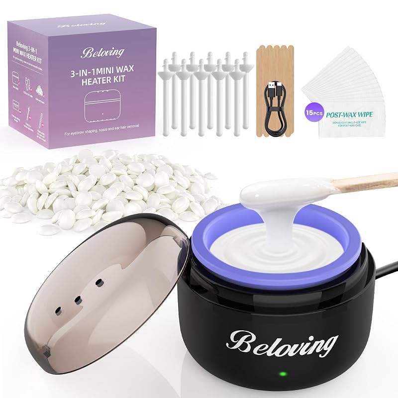 Kit de depilação com cera Beloving, aquecedor mini USB-C para pequenas áreas, 100 g de pastilhas de cera e acessórios - Preto