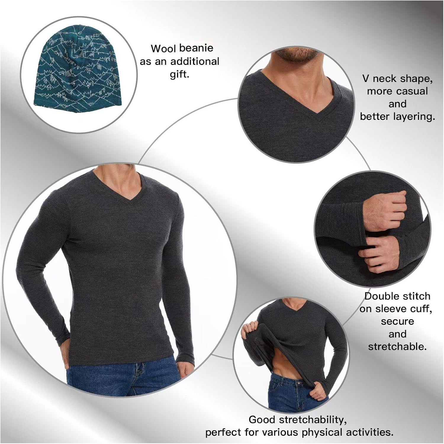 MERINNOVATION Merino Wool Base Layer Mens - 100% Merino Wool Shirts for Men Lite - Midweight Long Sleeve V Neck T-Shirt - Image 3