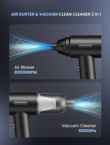 Miniatura 2 de Shinebella Plumero de aire comprimido inalámbrico y aspiradora de automóvil 2 en 1, plumero pequeño portátil, 10000 Pa, 60000 RPM, soplador