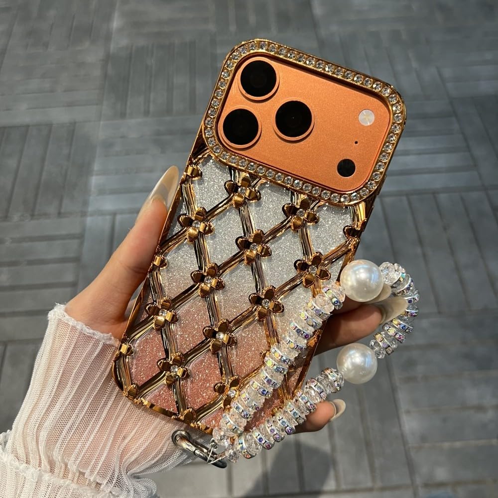 Generic Funda compatible con iPhone 16 Pro (color: naranja) con correa con purpurina, funda de silicona a prueba de golpes
