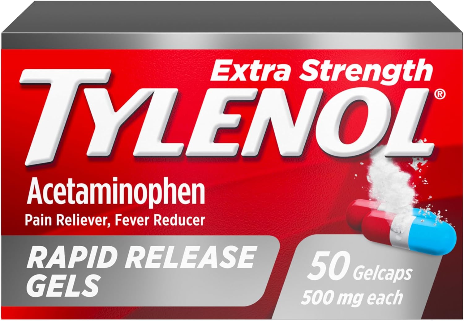 Extra Strength Acetaminophen Rapid Release Gels, Fast, Strong Pain Relief, Fever Reducer, 500 mg Gelcaps with Laser‑Drilled Holes for Fast Release, OTC Medicine, 50 Count