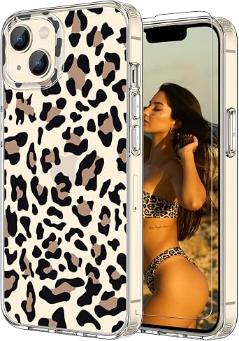 for iPhone 14 Case/iPhone 13 Case Leopard, [Personality on Phone Case] with Screen Protector, TPU Bumper Clear Case, Hard Shell with Soft Edges, Protective Phone Cover, Black Orange Leopard
